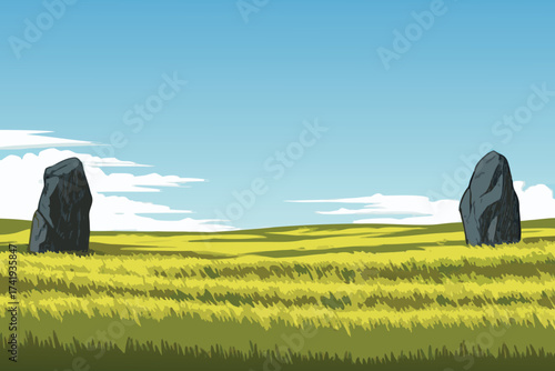 A simple landscape illustration depicting stone monoliths in a grassy field