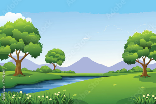 A serene landscape with vibrant green fields a river and distant mountains