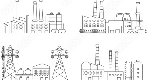 Industrial factory buildings set with chimneys, power plant, refinery, and energy infrastructure, line art style illustration for manufacturing, production, and industry design concept.