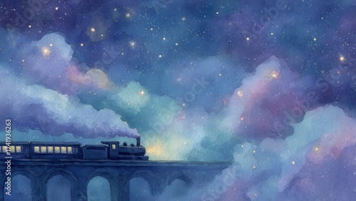 橋を渡る蒸気機関車と星空の幻想風景 イラスト素材