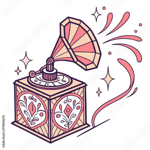 Charming Illustration of a Vintage Gramophone Radiating Melodic Brilliance and Nostalgia