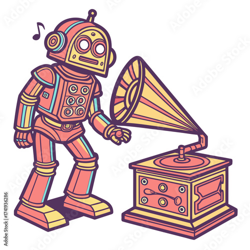 Retro Robot Listening to Vintage Gramophone Music
