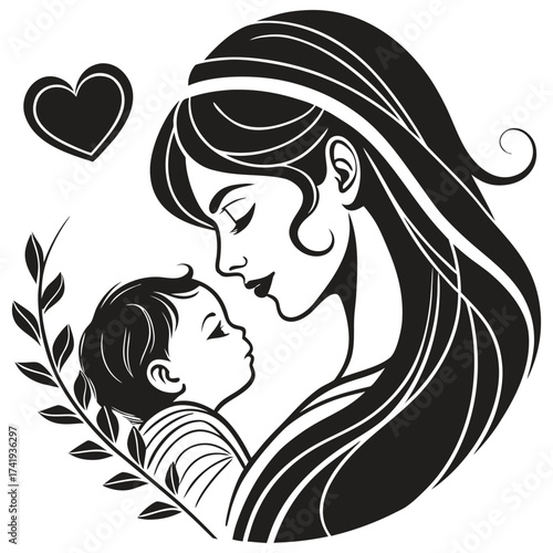 Caring mother and Newborn Line Art Graphic 