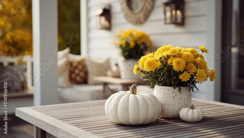 Cozy autumn porch scene with white pumpkins and vibrant yellow mums inviting fall ambiance