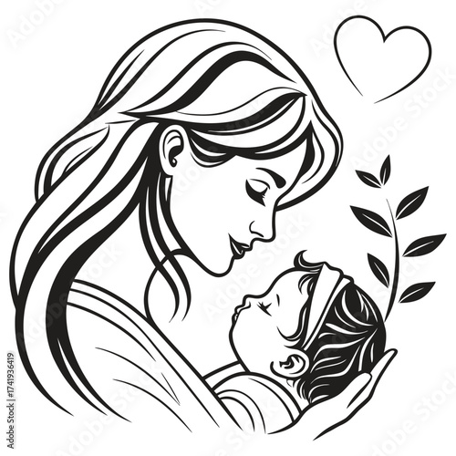 Caring Parent and Newborn Line Art Graphic 