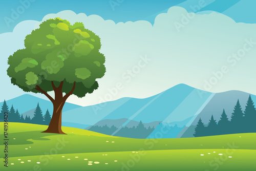 A vibrant cartoon landscape features a lush tree and distant mountains