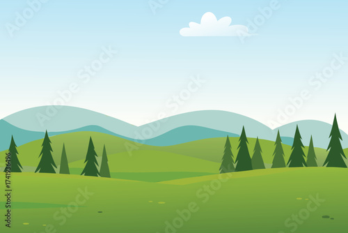 A serene landscape featuring rolling green hills and a clear blue sky