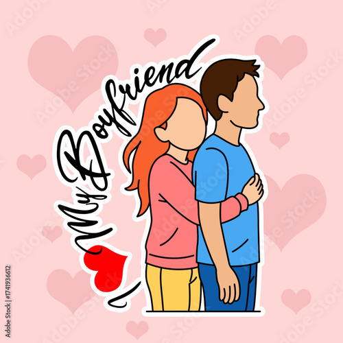 A girlfriend hugging her boyfriend from behind tenderly and affectionately on a bright pink background. Perfect for celebrating National Boyfriend Day on October 3rd.