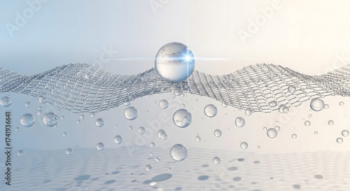 Dynamic nanotechnology concept showing a molecular mesh structure with a large moisture sphere on top and bubbles underneath in a cosmetic filtration context