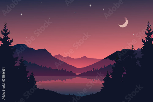 Tranquil mountains and crescent moon reflected in a still lake at dusk