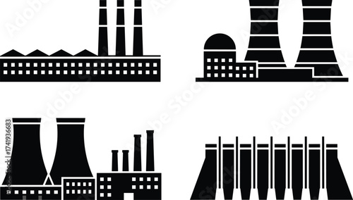 Industrial power plant, nuclear station, energy factory, cooling tower, hydroelectric dam, electricity production, industry building, thermal plant, 