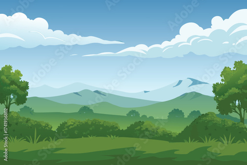 Scenic landscape with green hills distant mountains and a bright blue sky