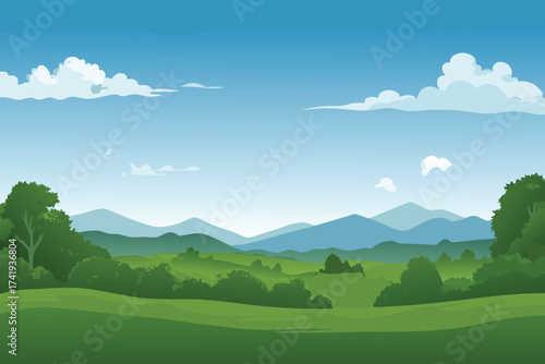 Wallpaper Mural Scenic landscape with green fields mountains and a bright blue sky Torontodigital.ca