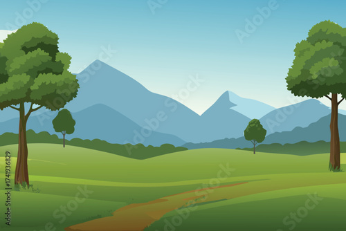 A peaceful landscape featuring green hills trees and distant mountains