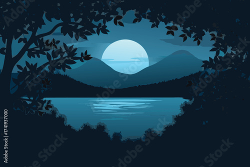 Dark silhouette of trees framing a bright full moon over water