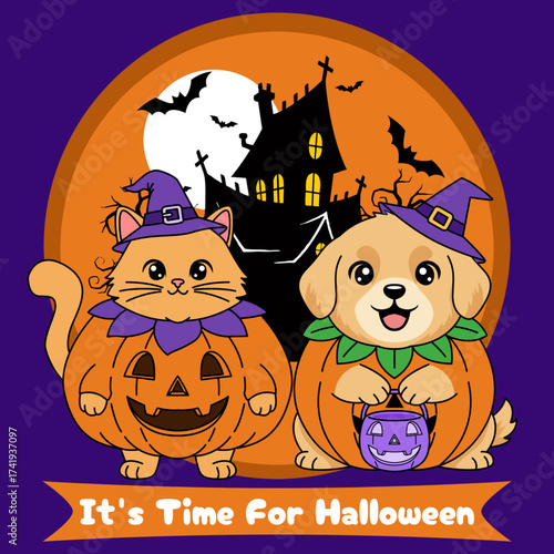 A cat and a dog dressed in jack o lantern pumpkin costumes to celebrate Halloween for pets.