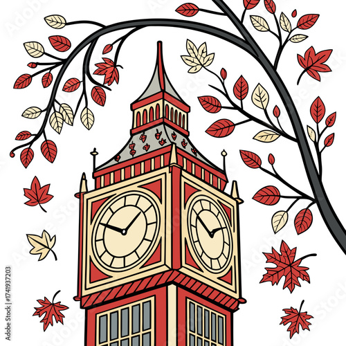 Big Ben Clock Tower Artwork with Autumn Foliage for a Colorful Illustration