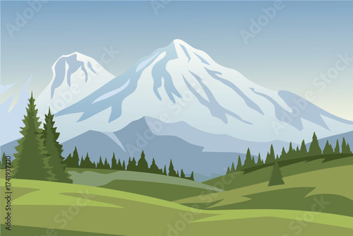 Majestic snow capped mountain landscape with evergreen trees and green fields