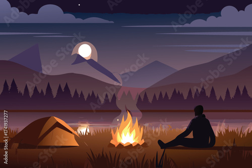 A peaceful night scene with a campfire mountains and a lone figure