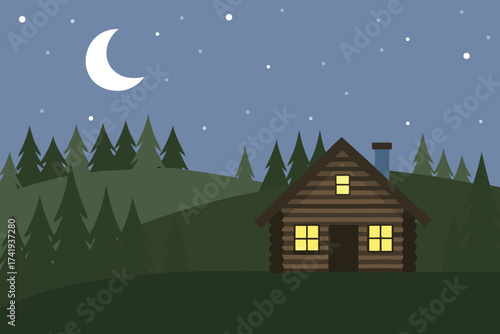 A cozy cabin nestled among evergreen trees under a starry night sky