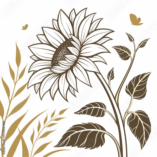 Elegant Sunflower Illustration A Detailed View of Petals and Leaves in a Natural Setting
