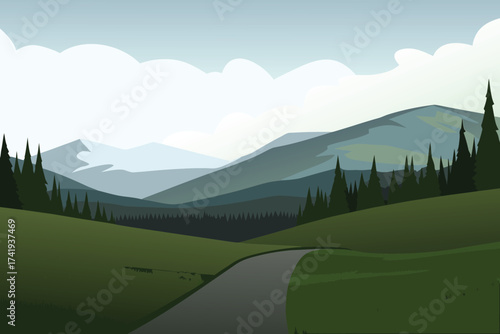 A serene landscape featuring rolling green hills mountains and a winding path