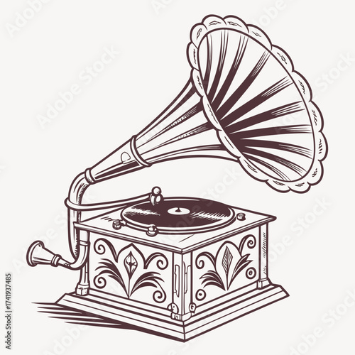 Vintage Gramophone Illustration A Detailed Black and White Drawing for Music Lovers