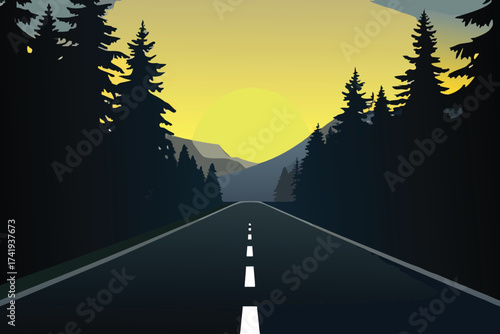 A winding road stretches towards a vibrant sunset among dark trees