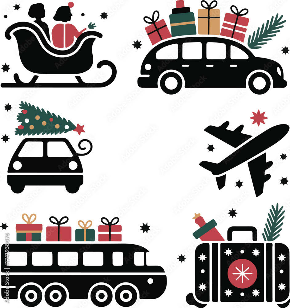 Naklejka premium Christmas Travel Silhouette Icon Set Vector Design