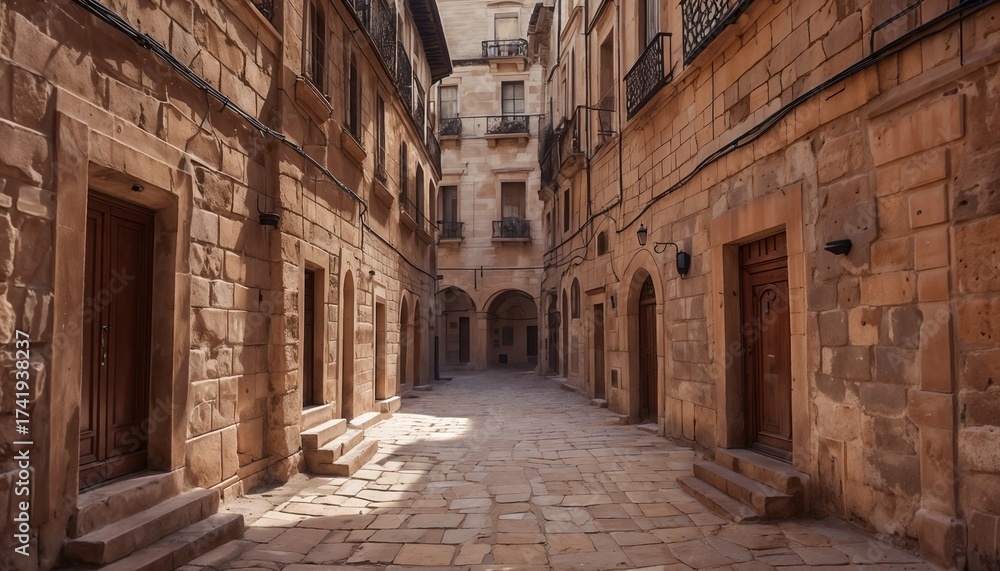 Fototapeta premium Sunlit Alleyway Flanked By Sandstone Buildings Leading To Open Space