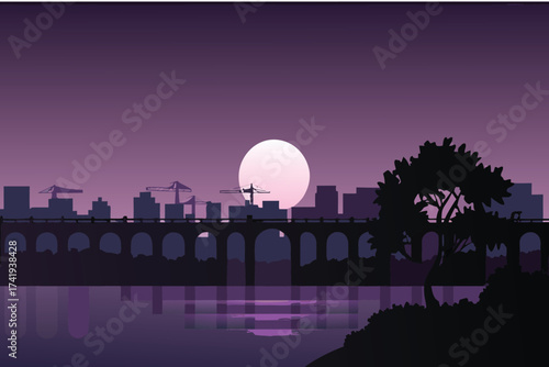 A silhouetted cityscape with a large moon over arched bridge structures