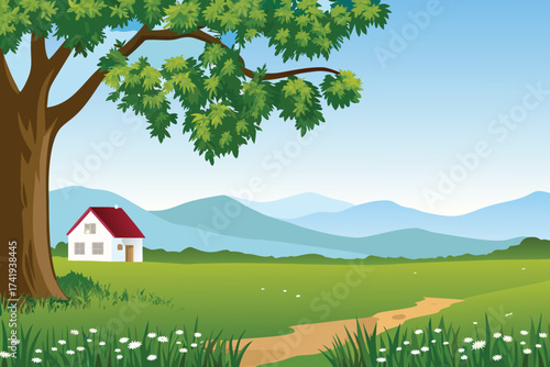 A peaceful landscape featuring a small house beneath a large tree