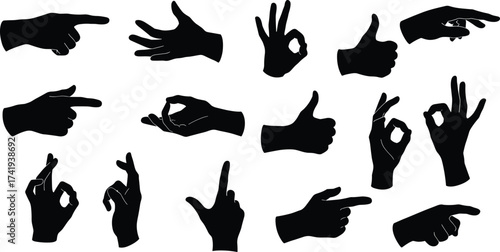 Silhouette hand gestures collection, various pointing, thumbs up, okay signs, and communication symbols isolated on white background, vector illustration, design elements