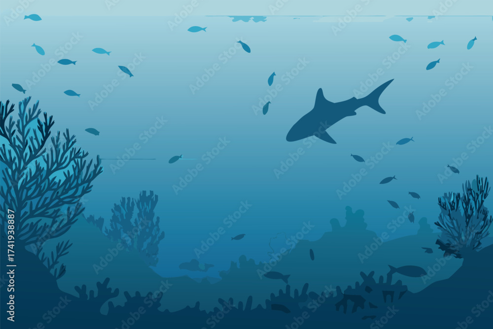 Obraz premium Silhouetted shark swims among coral reefs and small fish underwater