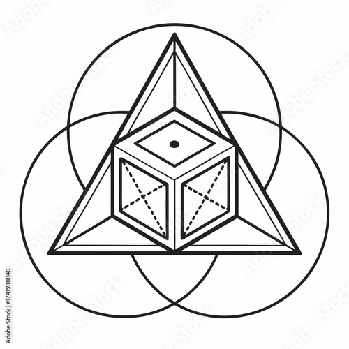 Geometric Sacred Symbol Illustration A Triadic Composition with Cube and Circles