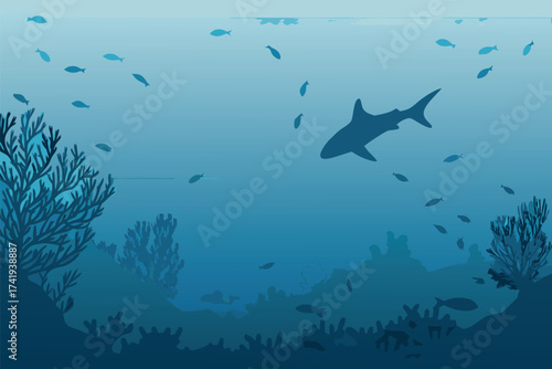 Silhouetted shark swims among coral reefs and small fish underwater