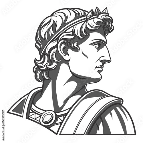 Elegant illustration of a profile of a Roman bust with a laurel wreath and a noble demeanor