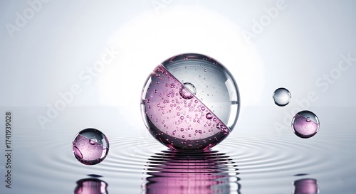 Large floating serum droplet sphere on a rippled water surface showing a clear and pink liquid phase separation for a cosmetic concept