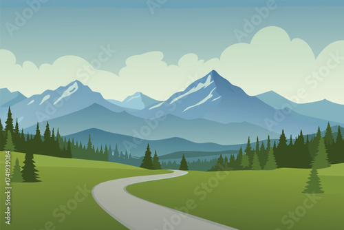Winding road through a green landscape towards distant blue mountains