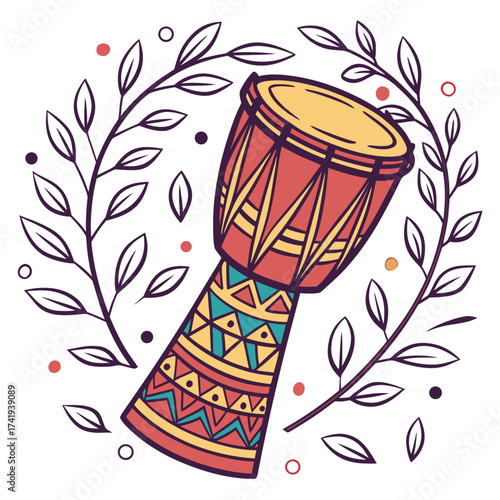 Colorful African Drum Illustration Traditional Music & Art, Set Against White, Vector