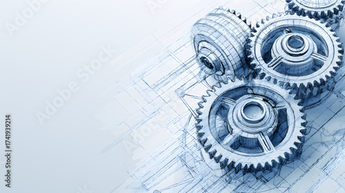 A close-up view of a 3d rendered gear in a technical blueprint style, showcasing intricate details and a futuristic design