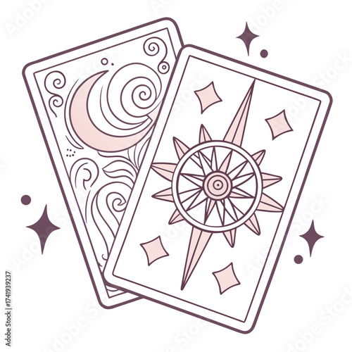 Elegant Illustration of Tarot Cards Crescent Moon & Compass Rose Design