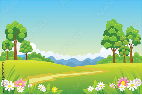 A peaceful landscape featuring rolling green hills and lush trees