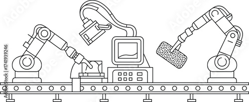 Modern automated manufacturing assembly line with robotic arms, conveyor belt, computer system, and sensors for precision industrial production, AI automation, and factory robotics efficiency.