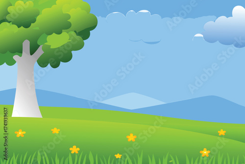 A vibrant cartoon landscape featuring a tree hills and blue sky