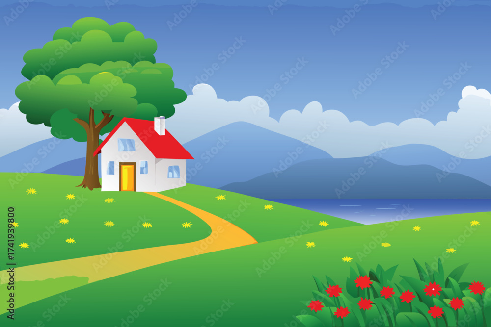 Naklejka premium Charming house with a red roof nestled in a vibrant countryside scene