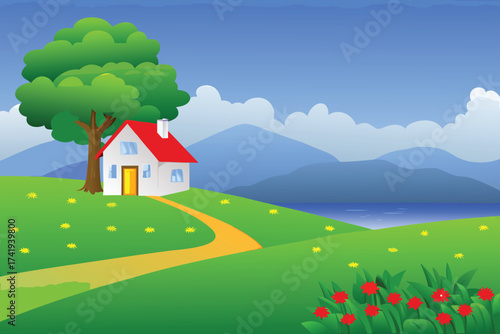 Charming house with a red roof nestled in a vibrant countryside scene