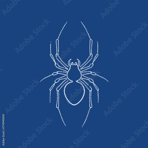 Minimalist dotted outline of a spider on a solid dark blue emphasizing symmetry and intricate leg details