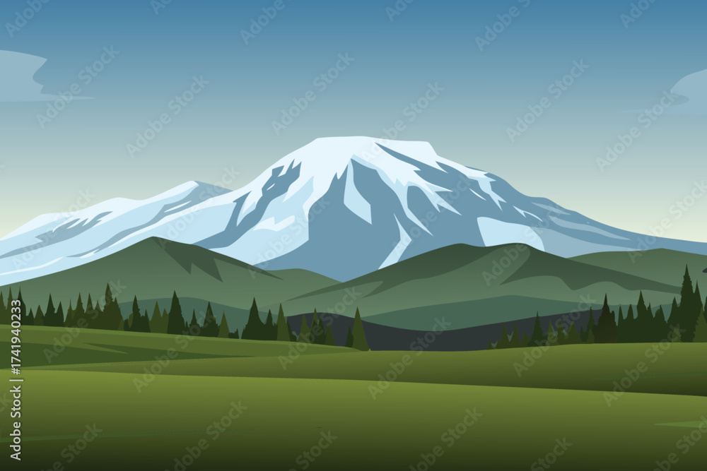 Obraz premium A scenic view of majestic mountains green fields and a clear sky