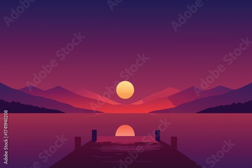 Minimalist landscape with mountains sunset and a wooden dock reflection